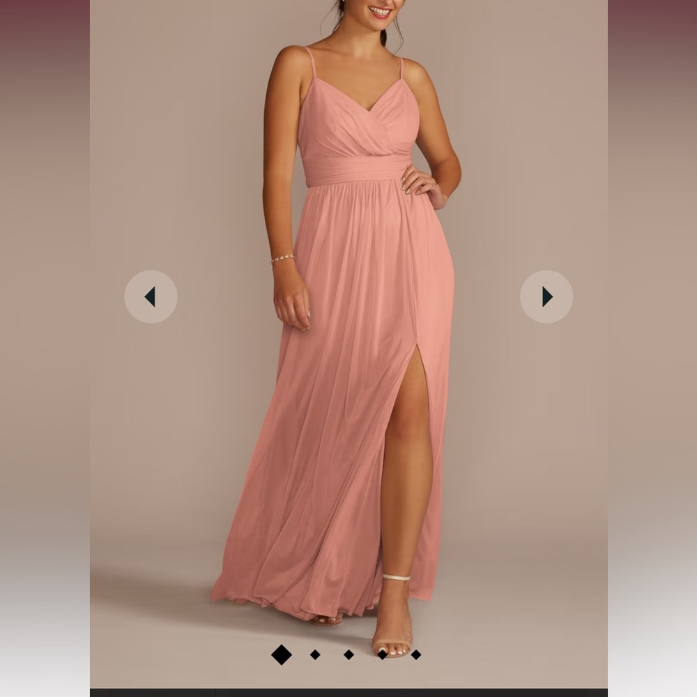 David’s Bridal spaghetti strap ruched waist mesh dress